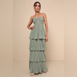 LULUS Seriously Sensational Sage Brush Strapless Tiered Maxi Dress